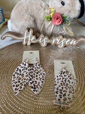 Leopard Print Genuine Leather Feather Earrings - White & Brown